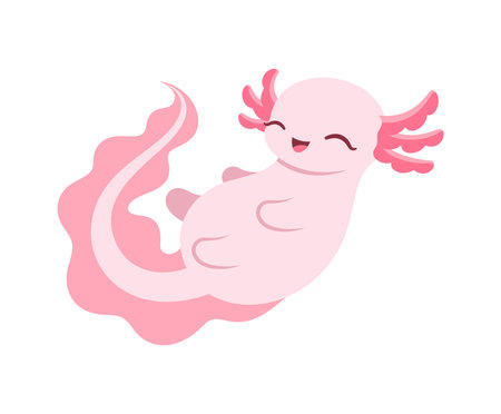 Happy axolotl swimming cartoon vector illustration. Cute underwater aquatic animal design for kids. Simple flat style with outline clip art.のイラスト素材