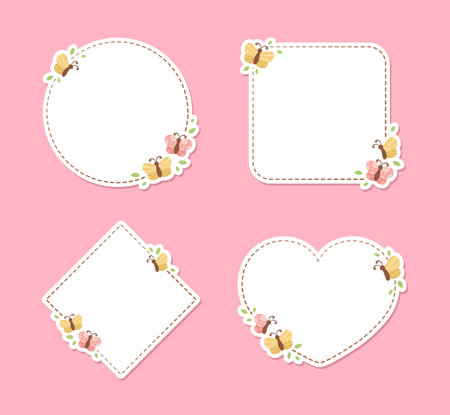 Cute Floral Butterfly Frame Set. Spring Summer Border Vector Illustration.のイラスト素材