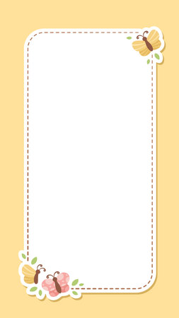 Cute Floral Butterfly Frame. Spring Summer Vertical Border Vector Illustration.のイラスト素材