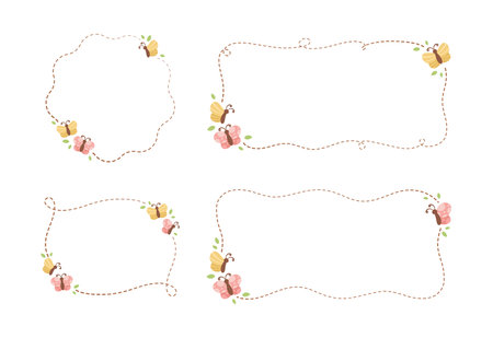 Cute Floral Butterfly Frame Set. Spring Summer Border Vector Illustration.のイラスト素材