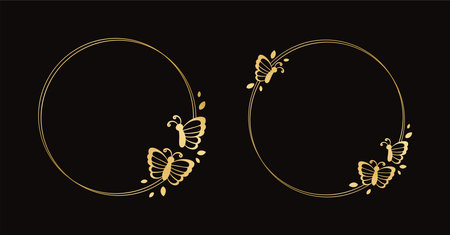 Round gold frame with butterflies silhouette vector illustration set. Abstract golden border for spring summer elegant design elementsのイラスト素材