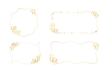 Gold butterfly frames vector illustration set. Abstract golden geometric border template for spring and summer. Simple elegant design element.のイラスト素材