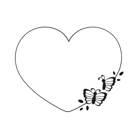 Cute Heart Butterfly Frame Silhouette. Spring Summer Valentines Day Border Vector Illustration.のイラスト素材