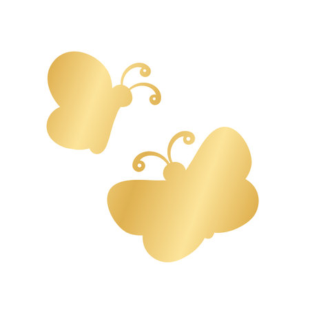 Golden butterflies vector illustration. Beautiful gold butterfly silhouettes with different shapes wings. For invitation, fashion, decorative abstract design elements.のイラスト素材