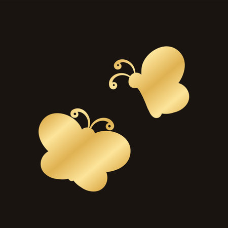 Golden butterflies vector illustration. Beautiful gold butterfly silhouettes with different shapes wings. For invitation, fashion, decorative abstract design elements.のイラスト素材