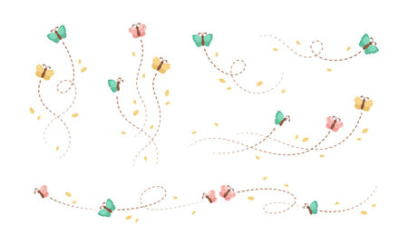 Flying Butterfly trail with dashed line route set. Nature Spring Summer Doodle Illustration Design Elementのイラスト素材