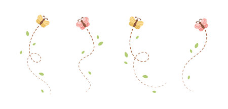 Flying Butterfly trail with dashed line route set. Nature Spring Summer Doodle Illustration Design Elementのイラスト素材