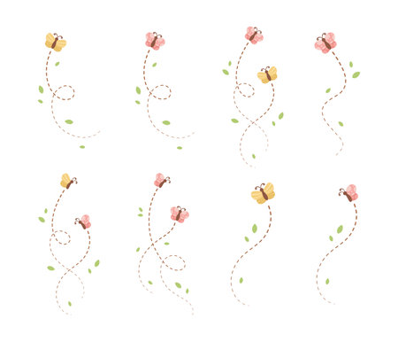 Flying Butterfly trail with dashed line route set. Nature Spring Summer Doodle Illustration Design Elementのイラスト素材