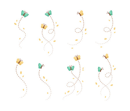 Flying Butterfly trail with dashed line route set. Nature Spring Summer Doodle Illustration Design Elementのイラスト素材