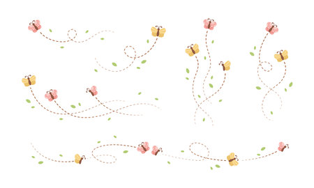 Flying Butterfly trail with dashed line route set. Nature Spring Summer Doodle Illustration Design Elementのイラスト素材
