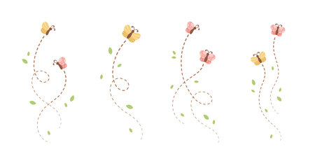 Flying Butterfly trail with dashed line route set. Nature Spring Summer Doodle Illustration Design Elementのイラスト素材