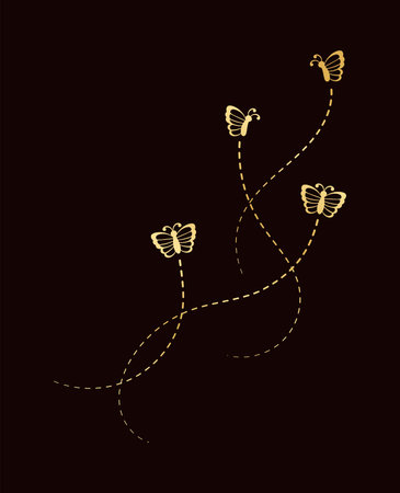 Golden Butterflies with Dotted Line Flight Route. Elegant gold butterflies trail. Vector design elements for spring and summer.のイラスト素材