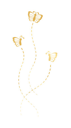 Golden Butterflies with Dotted Line Flight Route. Elegant gold butterflies trail. Vector design elements for spring and summer.のイラスト素材