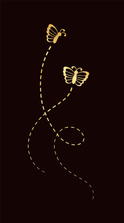 Golden Butterflies with Dotted Line Flight Route. Elegant gold butterflies trail. Vector design elements for spring and summer.のイラスト素材