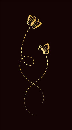 Golden Butterflies with Dotted Line Flight Route. Elegant gold butterflies trail. Vector design elements for spring and summer.のイラスト素材