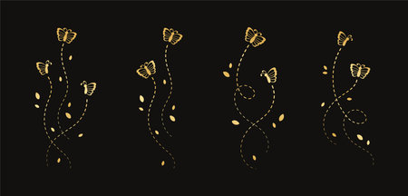 Gold Butterflies Set. Golden Flying Butterfly with Dotted Line Route. Beautiful elegant insects with open wings trail. Vector design elements for spring and summer.のイラスト素材