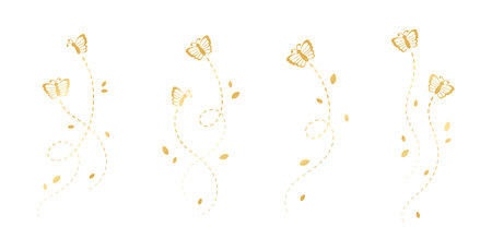 Gold Butterflies Set. Golden Flying Butterfly with Dotted Line Route. Beautiful elegant insects with open wings trail. Vector design elements for spring and summer.のイラスト素材