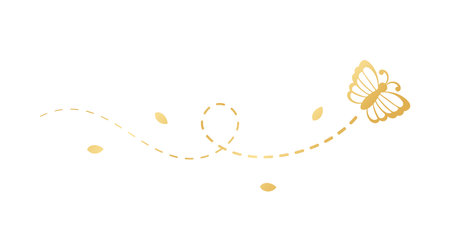 Golden Flying Butterfly with Dotted Line Route. Elegant gold butterflies with open wings trail. Vector design elements for spring and summer.のイラスト素材