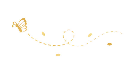 Golden Flying Butterfly with Dotted Line Route. Elegant gold butterflies with open wings trail. Vector design elements for spring and summer.のイラスト素材