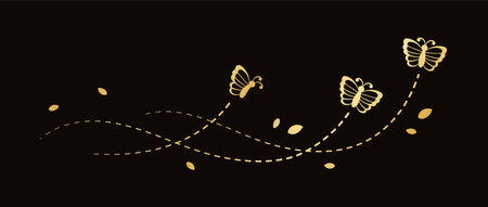 Golden Flying Butterfly with Dotted Line Route. Elegant gold butterflies with open wings trail. Vector design elements for spring and summer.のイラスト素材