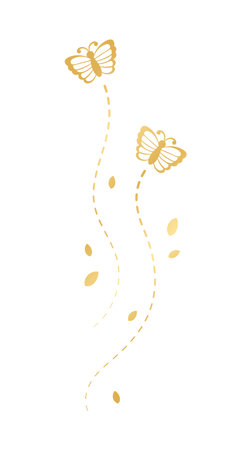 Golden Flying Butterfly with Dotted Line Route. Elegant gold butterflies with open wings trail. Vector design elements for spring and summer.のイラスト素材
