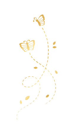 Golden Flying Butterfly with Dotted Line Route. Elegant gold butterflies with open wings trail. Vector design elements for spring and summer.のイラスト素材