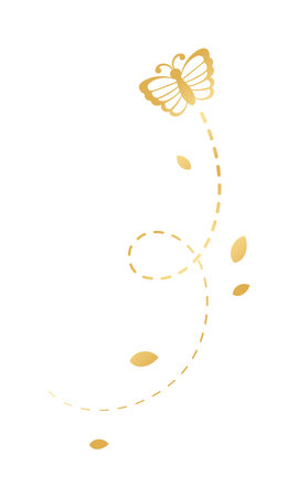 Golden Flying Butterfly with Dotted Line Route. Elegant gold butterflies with open wings trail. Vector design elements for spring and summer.のイラスト素材