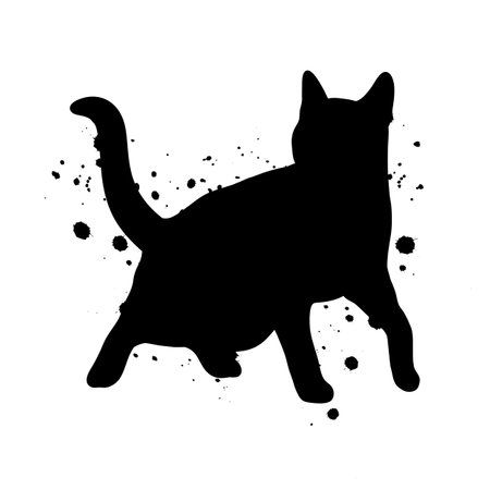Black Cat Silhouette with Ink Splatter Abstract Illustration.のイラスト素材
