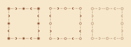 Mystic celestial square frame with sun, stars, moon phases, crescents and copy space. Ornate bohemian magical background collection.のイラスト素材