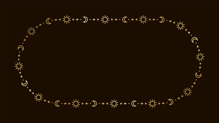Mystic celestial golden frame with sun, stars, moon phases, crescents and copy space. Ornate magical background.のイラスト素材