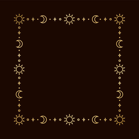 Mystic celestial square golden frame with sun, stars, moon phases, crescents and copy space. Ornate magical background.のイラスト素材