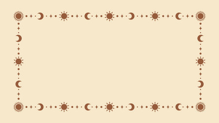 Mystic celestial frame with sun, stars, moon phases, crescents and copy space. Ornate bohemian magical background.のイラスト素材