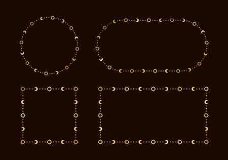 Mystic celestial golden frame set with sun, stars, moon phases, crescents and copy space. Ornate magical background.のイラスト素材