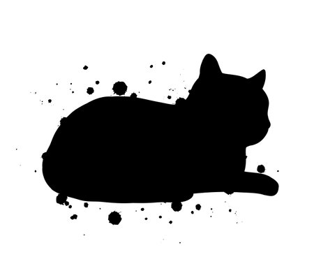 Sitting Black Cat Silhouette with Ink Splatter Abstract Illustration.のイラスト素材