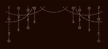 Gold mystic celestial hanging garland with sun, stars, moon phases, crescents. Ornate bohemian magical curtain decorative elementのイラスト素材