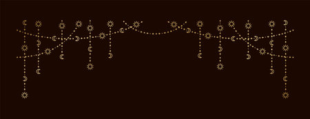 Gold mystic celestial hanging garland with sun, stars, moon phases, crescents. Ornate bohemian magical curtain decorative elementのイラスト素材