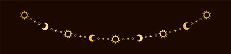 Gold mystic celestial hanging garland with sun, stars, moon phases, crescents. Ornate bohemian magical curtain decorative elementのイラスト素材