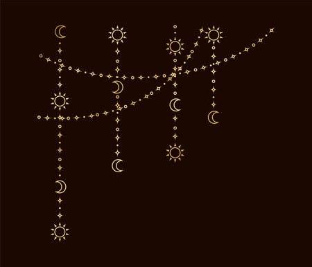 Gold mystic celestial hanging garland frame corner with sun, stars, moon phases, crescents. Ornate bohemian magical curtain decorative elementのイラスト素材