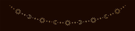 Gold mystic celestial hanging garland with sun, stars, moon phases, crescents. Ornate bohemian magical curtain decorative elementのイラスト素材