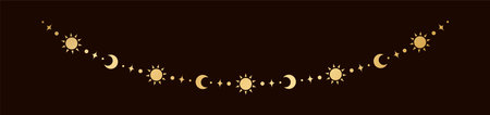 Gold mystic celestial hanging garland with sun, stars, moon phases, crescents. Ornate bohemian magical curtain decorative elementのイラスト素材