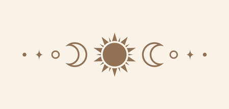 Celestial text divider with sun, stars, moon phases, crescents. Ornate boho mystic separator decorative elementのイラスト素材