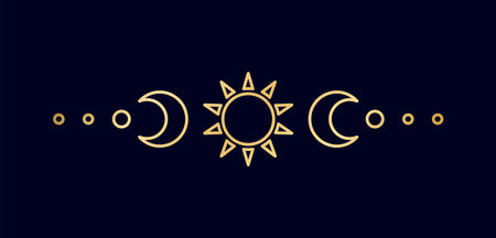 Gold celestial text divider with sun, stars, moon phases, crescents. Ornate boho mystic separator decorative elementのイラスト素材