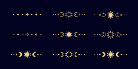 Gold celestial text divider with sun, stars, moon phases, crescents. Ornate boho mystic separator decorative elementのイラスト素材