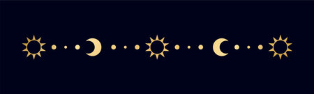 Gold celestial separator with sun, stars, moon phases, crescents. Ornate boho mystic divider decorative elementのイラスト素材