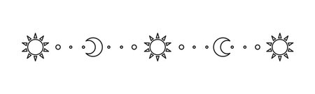 Celestial mystic separator with sun, stars, moon phases, crescents. Ornate boho magical divider decorative elementのイラスト素材