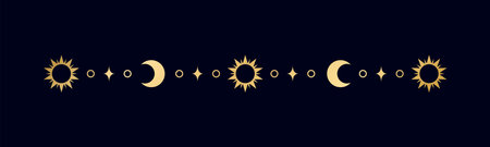 Gold celestial separator with sun, stars, moon phases, crescents. Ornate boho mystic divider decorative elementのイラスト素材