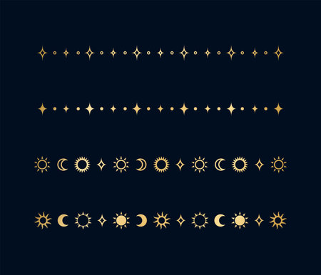 Gold celestial separator set with sun, stars, moon phases, crescents. Ornate boho mystic divider decorative elementのイラスト素材