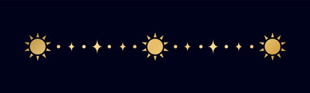 Gold celestial separator with sun, stars, moon phases, crescents. Ornate boho mystic divider decorative elementのイラスト素材