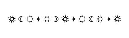 Celestial mystic separator with sun, stars, moon phases, crescents. Ornate boho magical divider decorative elementのイラスト素材