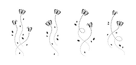 Butterflies silhouette set. Flying Butterfly with Dotted Line Route. Beautiful elegant insects with open wings trail. Vector design elements for spring and summer.のイラスト素材